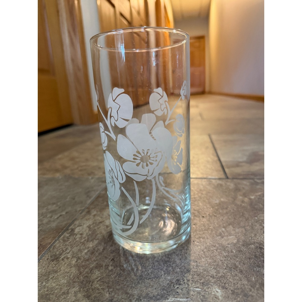Vintage Clear Glass Cylinder Vase‎ White Floral Screen Print 7.5 Inch Home Decor